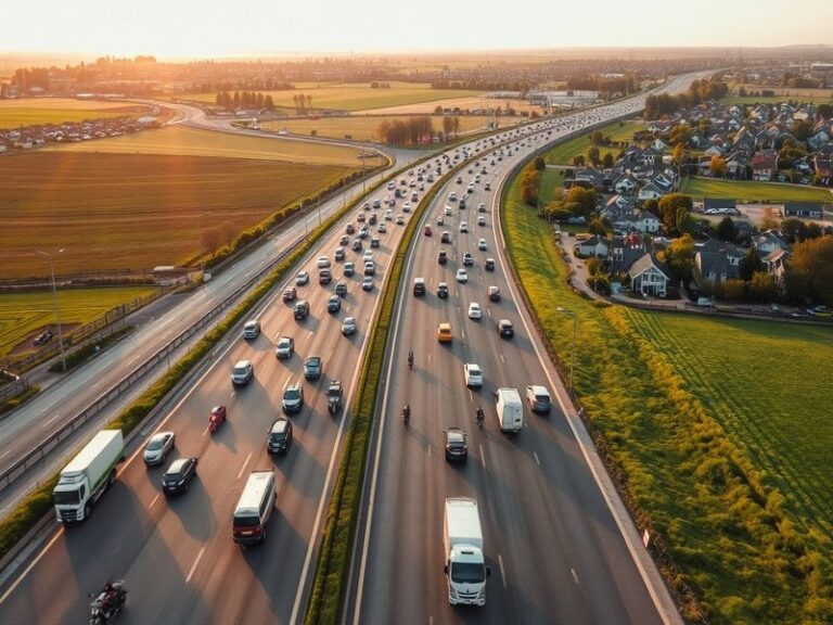 A bustling A2 highway scene with diverse vehicles, showcasing a mix of urban and rural landscapes, emphasizing movement and c