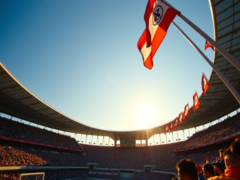 A vibrant scene from the 1988 Seoul Olympics showing athletes competing, with the iconic Olympic rings in the background, sym