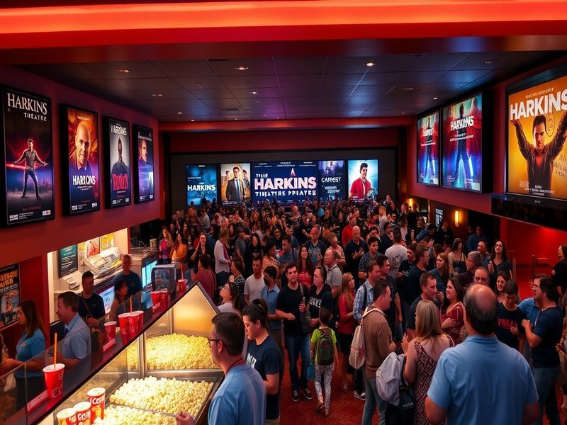 An inviting Harkins cinema exterior showcasing a vibrant marquee, surrounded by eager moviegoers, capturing the essence of co