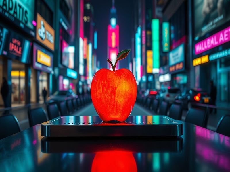 An image showcasing the sleek design of the Apple Neo, featuring its vibrant OLED display and modern aesthetic in a tech-savv