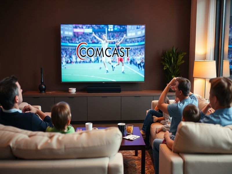 An image of a Comcast service technician working on a cable installation, with a focus on modern technology and customer serv