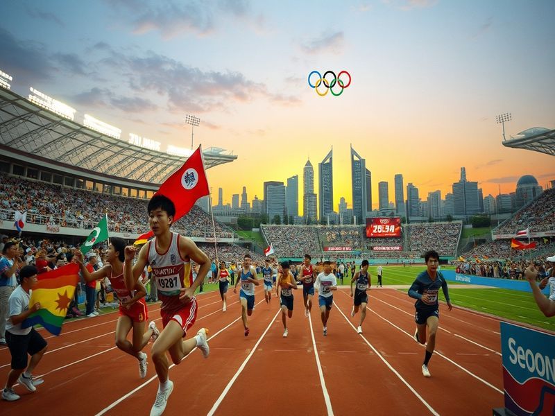 An image showcasing the Olympic Stadium in Seoul during the 1988 Olympics, filled with athletes and spectators, highlighting