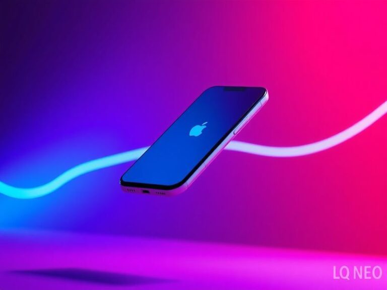 A sleek, modern Apple device showcasing augmented reality features, set against a futuristic backdrop with vibrant colors and