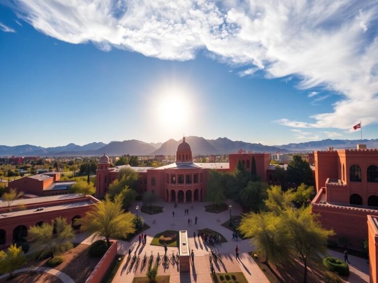 A vibrant campus scene at the University of Arizona, showcasing students engaged in various activities against a backdrop of