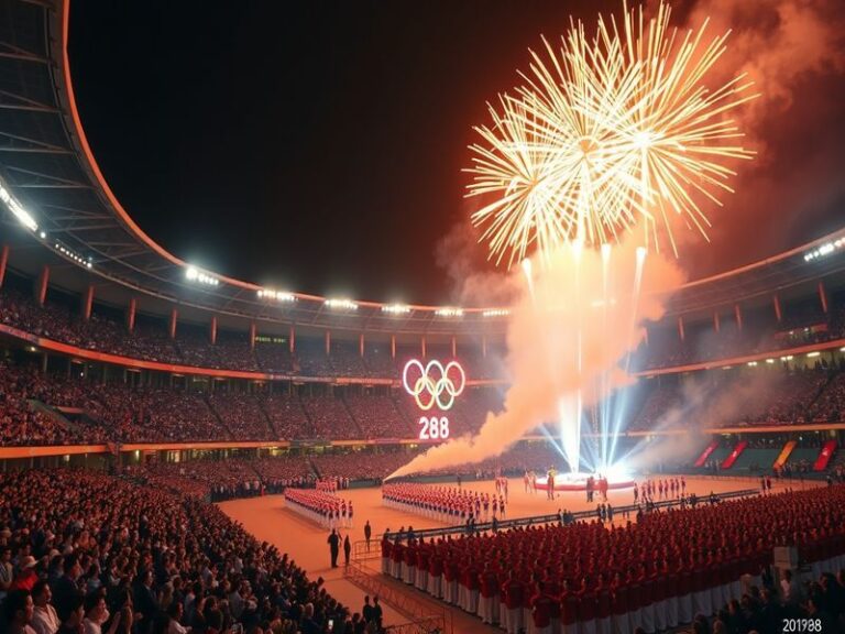 A vibrant scene from the 1988 Seoul Olympics, showcasing athletes competing in front of a cheering crowd, with the iconic Oly