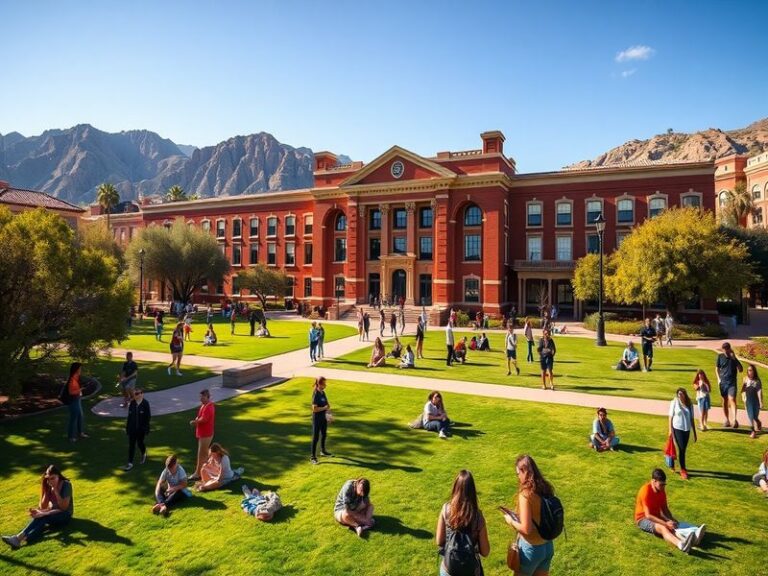 A panoramic view of the University of Arizona campus, showcasing its beautiful architecture, vibrant student life, and the su