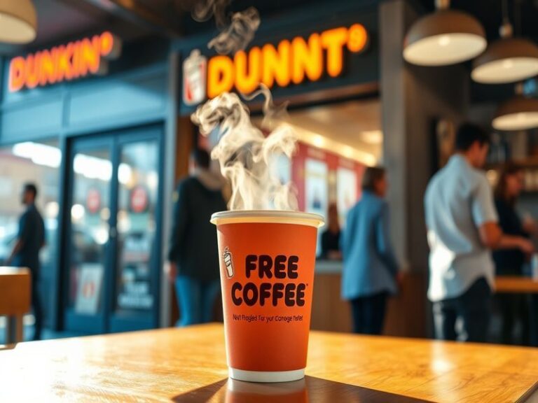 A vibrant image of a Dunkin' store with customers enjoying free coffee, showcasing the lively atmosphere and coffee cups.