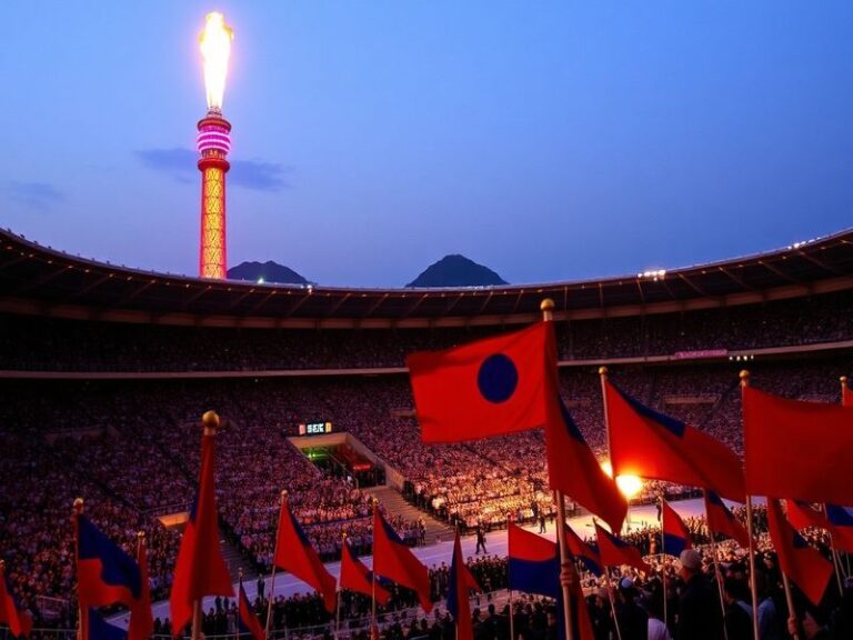 A vibrant image of the Olympic Stadium in Seoul during the 1988 Olympics, showcasing athletes in action and the enthusiastic