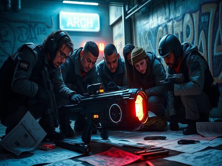 An action-packed scene from Arc Raiders showcasing players battling robotic foes in a dynamic environment, highlighting vibra