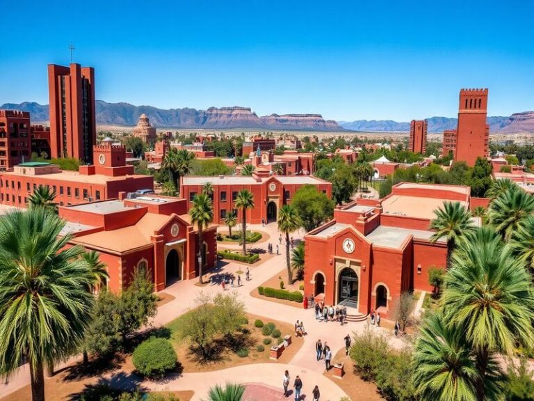 A panoramic view of the University of Arizona campus showcasing its iconic buildings and vibrant student life, set against a