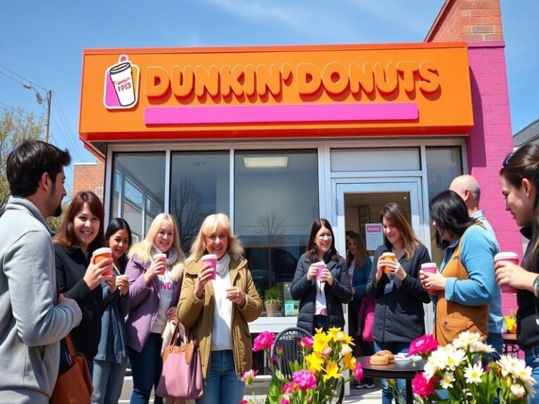 A vibrant coffee shop scene with patrons enjoying free coffee, featuring Dunkin' branding and a sunny outdoor setting.
