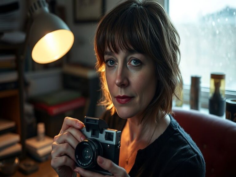 An engaging portrait of Nicola Walker on a film set, showcasing her expressive features and the vibrant atmosphere of a bustl