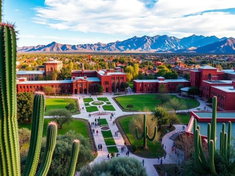 A panoramic view of the University of Arizona campus, showcasing modern buildings, green spaces, and students engaging in var