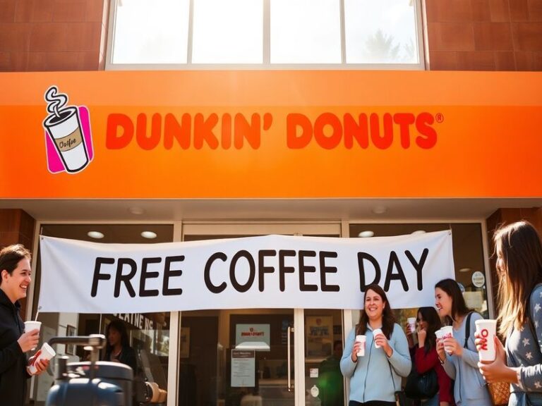A vibrant image of a Dunkin' coffee cup with steam rising, set against a bright background, evoking a sense of warmth and com
