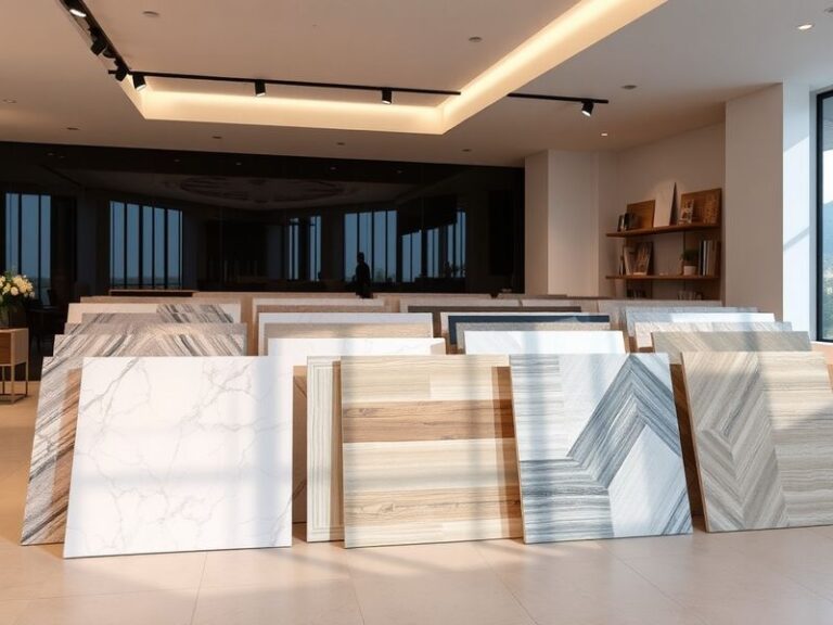 An inviting showroom of Topps Tiles showcasing a variety of ceramic and porcelain tiles, with bright lighting and modern deco