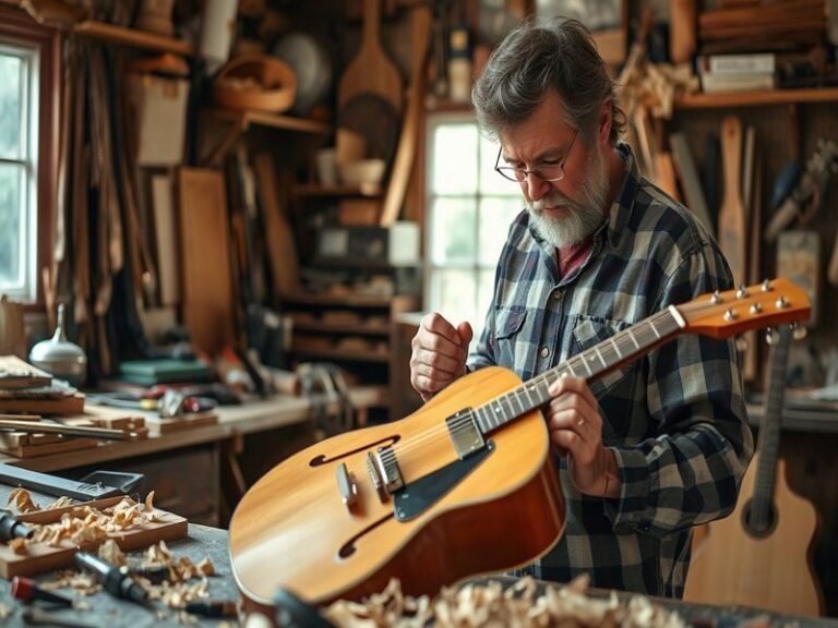 A beautifully crafted Doug Irwin guitar displayed against a rustic wooden background, highlighting its intricate design and r