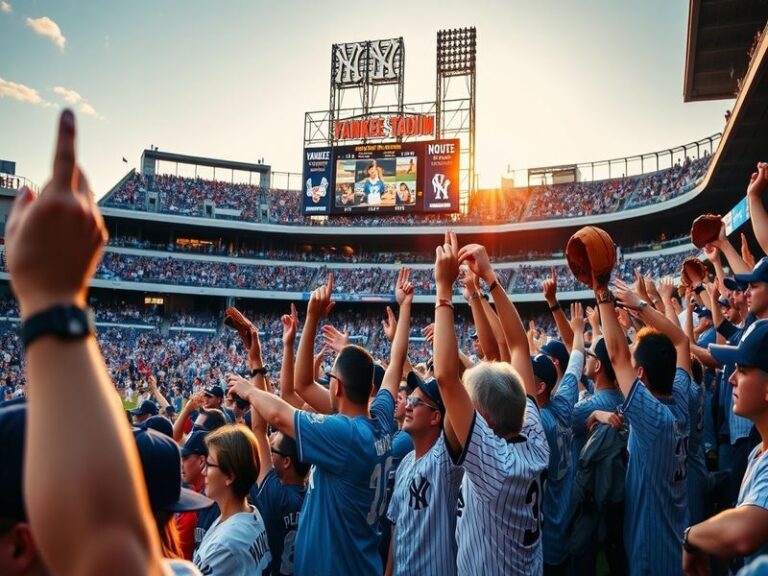 A dynamic image of a Yankees game in progress, showcasing players in action, fans cheering, and the iconic Yankee Stadium bac