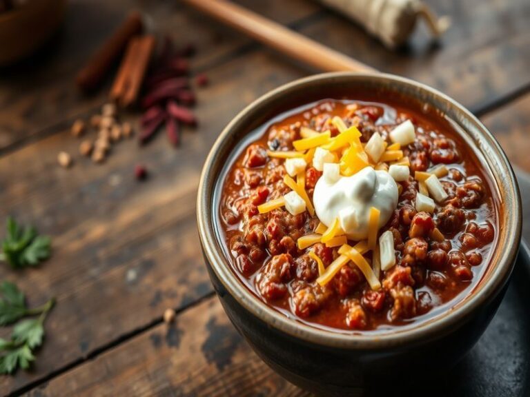 A vibrant bowl of Chili TLC topped with sour cream, shredded cheese, and fresh cilantro, set against a rustic wooden table.