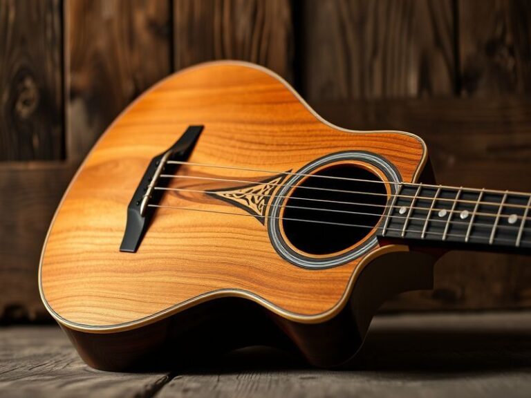 A beautifully crafted Doug Irwin guitar displayed in a well-lit studio, showcasing its intricate inlays and rich wood grain.