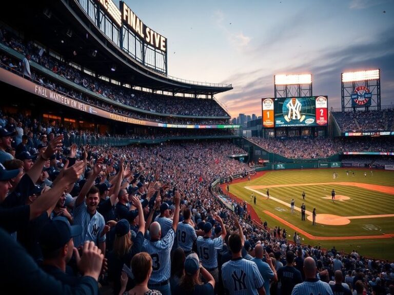 A packed Yankee Stadium during a night game, with fans cheering and the scoreboard displaying the current game score, creatin
