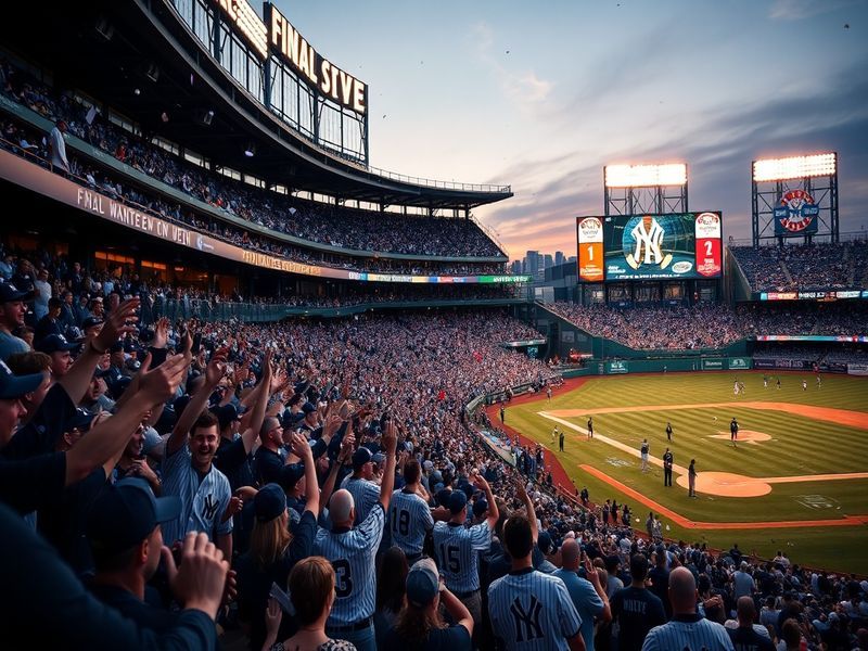 A packed Yankee Stadium during a night game, with fans cheering and the scoreboard displaying the current game score, creatin