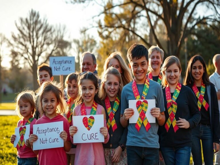 An image depicting a diverse group of people wearing blue, symbolizing Autism Awareness Day, with a backdrop of a community e