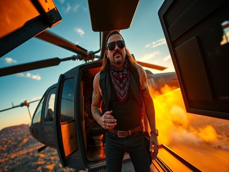 A vibrant scene showing Kid Rock enjoying a helicopter ride, with a clear blue sky and scenic views in the background, exudin