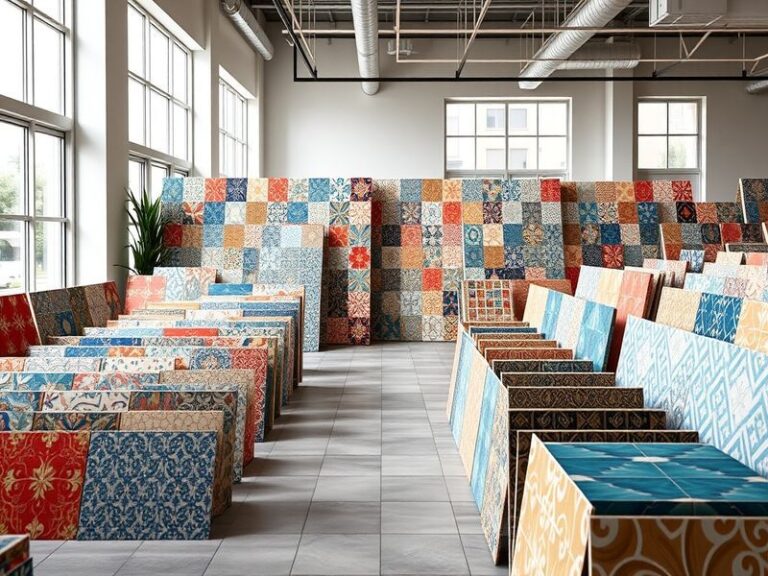 An array of beautifully arranged Topps Tiles showcasing various colors, patterns, and materials in a bright, modern showroom