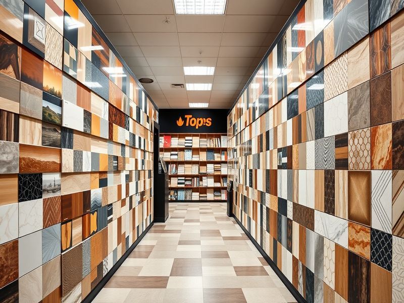 A vibrant showroom displaying an extensive range of tiles, showcasing various colors, textures, and styles, with customers in