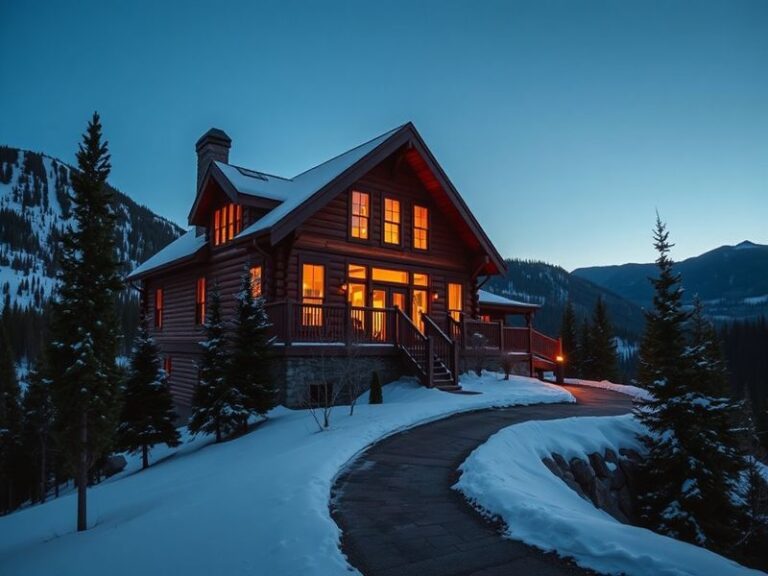 An inviting view of Sidney James Mountain Lodge surrounded by lush greenery, featuring cozy log cabins and the majestic backd
