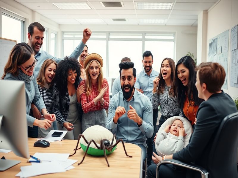 A playful scene depicting a group of friends laughing together after a light-hearted prank, with colorful decorations and pla