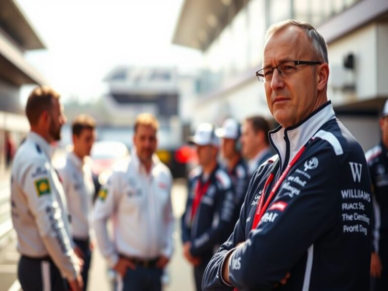 An image of James Vowles in the Mercedes pit during a Formula 1 race, analyzing data and strategizing with team members, show