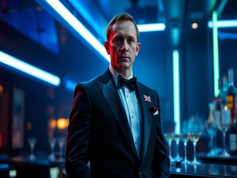 A collage featuring headshots of potential James Bond actors, with a cinematic backdrop of London and iconic Bond elements li