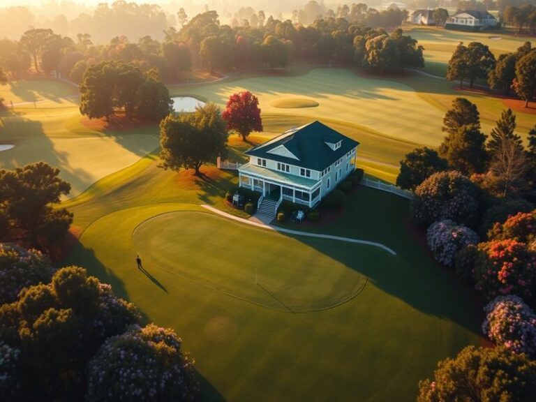 A picturesque view of Augusta National Golf Club with blooming azaleas and golfers preparing for The Masters.