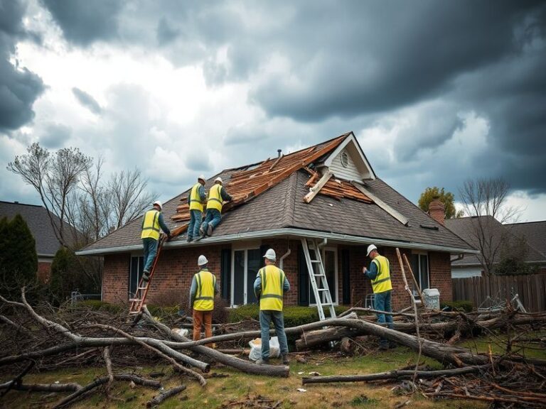 A visual representation of storm damage restoration, featuring a team of professionals assessing a home affected by a storm,