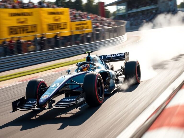 A Williams F1 car racing on the track, showcasing its sleek design and vibrant team colors under a clear blue sky.