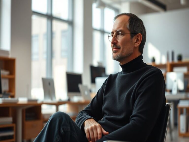 A portrait of Steve Jobs during a product launch, showcasing his charismatic presence and the Apple logo in the background.