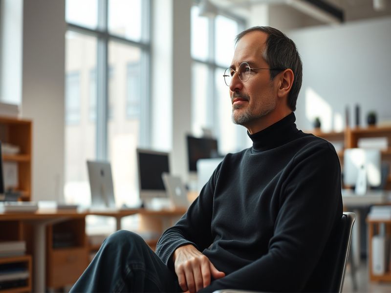 A portrait of Steve Jobs during a product launch, showcasing his charismatic presence and the Apple logo in the background.