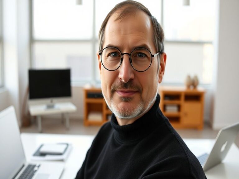 A portrait of Steve Jobs during a keynote presentation, showcasing his iconic black turtleneck and glasses, with a backdrop o