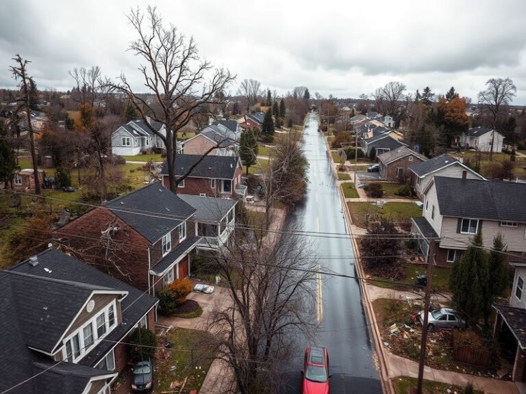 An image depicting storm damage restoration efforts, showcasing workers repairing a damaged roof with tools, surrounded by de