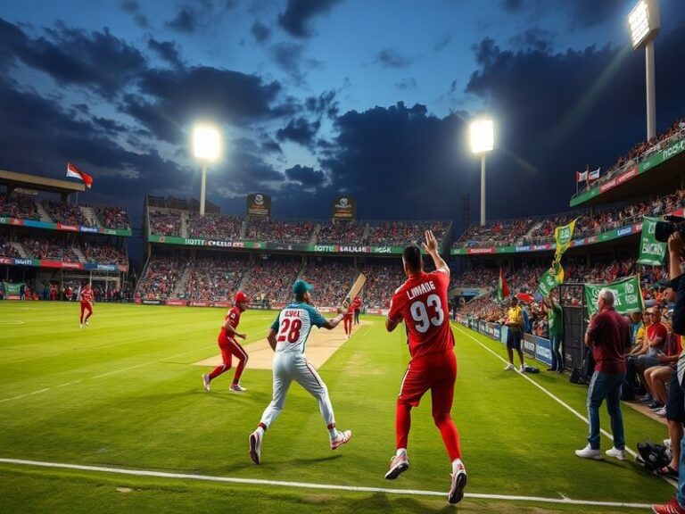 A dynamic image of LSG and DC players on the cricket field, showcasing their competitive spirit during a match, with fans che
