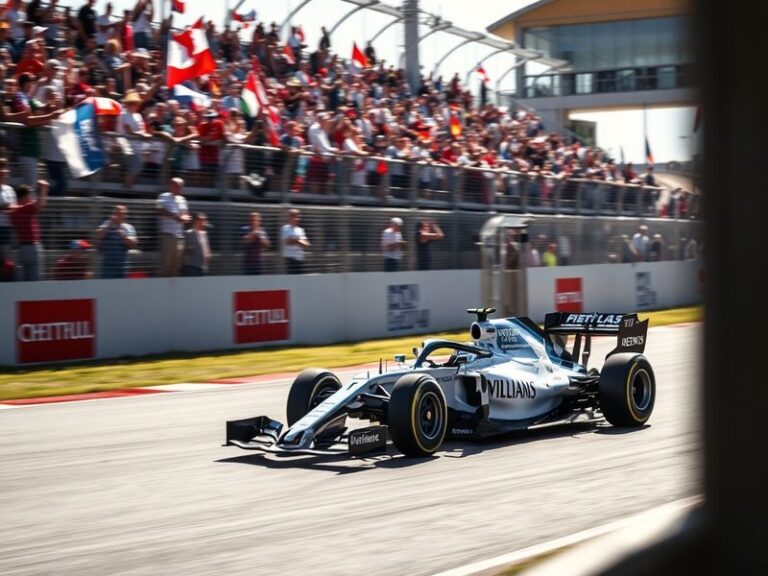A dynamic image of a Williams F1 car racing on a track, showcasing its sleek design and vibrant team colors, set against a ba