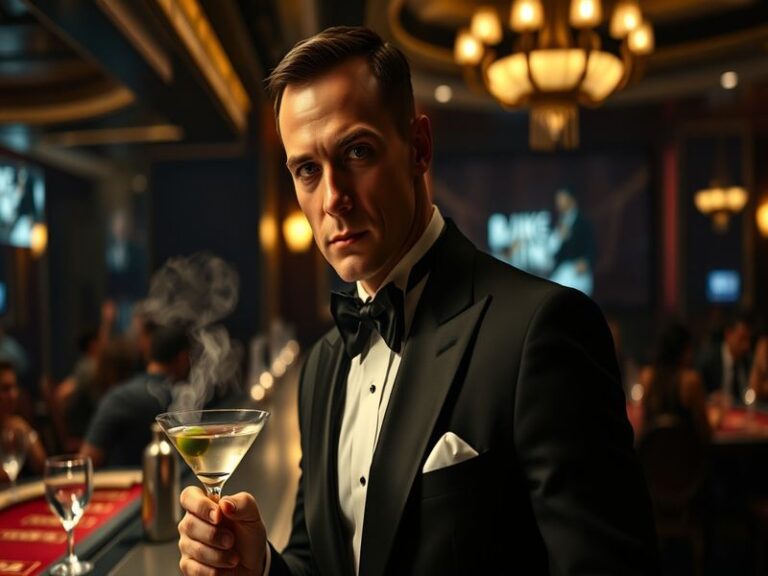 A dramatic image of the iconic James Bond silhouette with a tuxedo, set against a backdrop of London, capturing the essence o