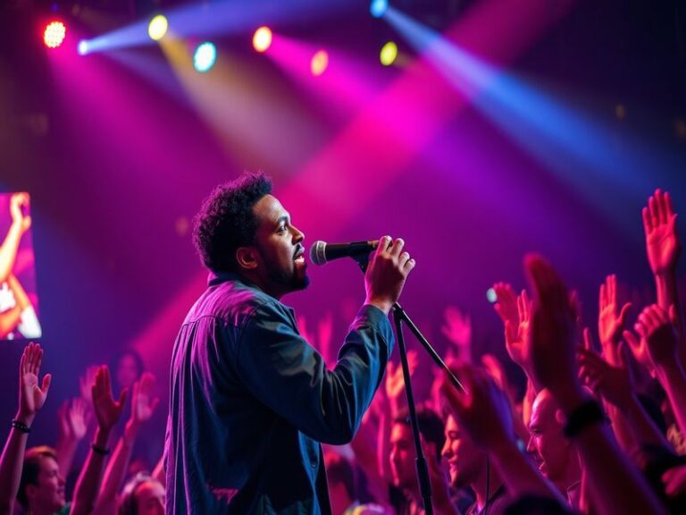 A vibrant concert scene featuring Daniel Caesar performing on stage, with colorful lights illuminating the crowd and a close-