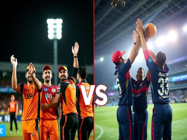 A vibrant cricket stadium filled with enthusiastic fans from both LSG and DC, showcasing colorful banners and team jerseys, c