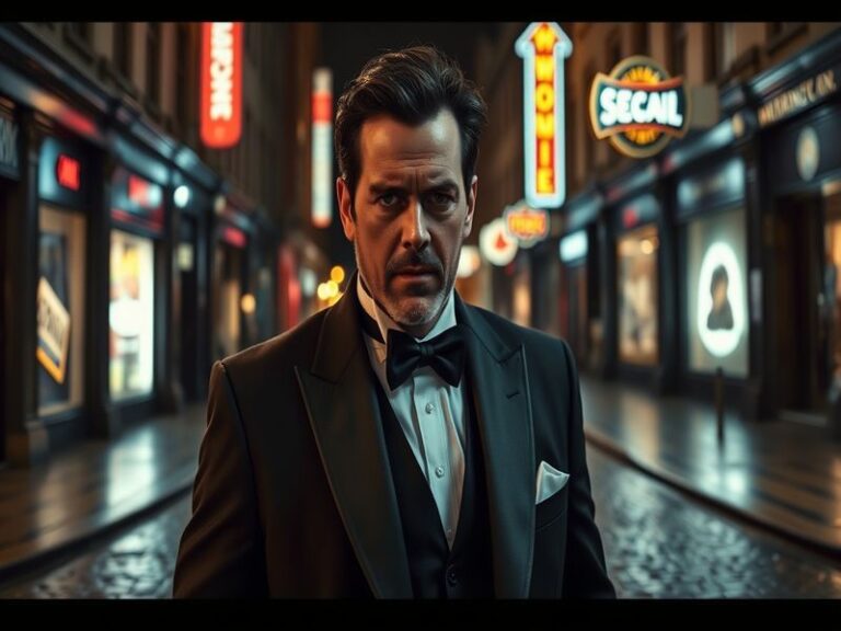 A dramatic, cinematic image of a tuxedo-clad actor standing in a dimly lit room, holding a gun with a moody, mysterious expre