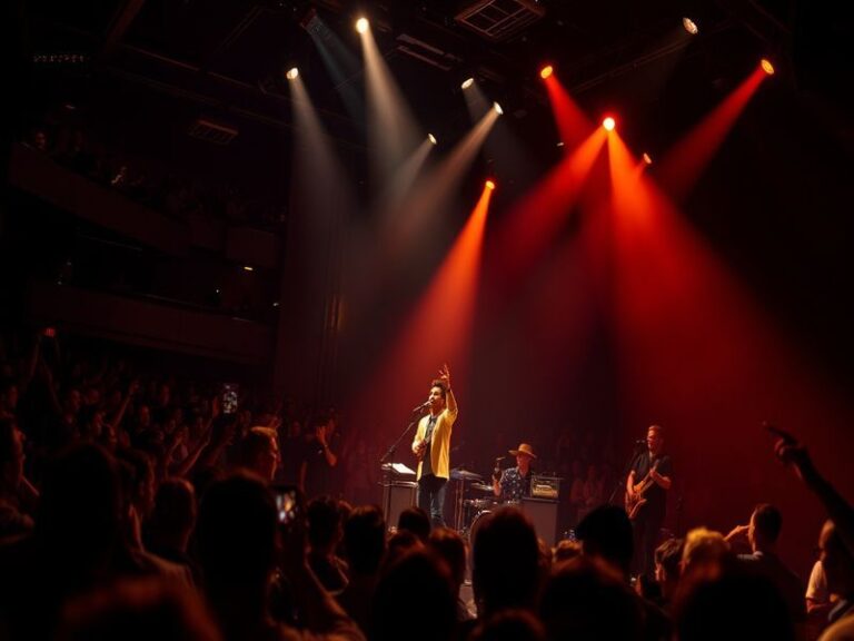 A vibrant concert scene featuring Daniel Caesar performing on stage, bathed in warm stage lighting with a live band. The crow