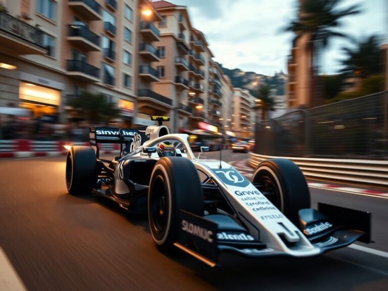 A dynamic shot of a Williams F1 car mid-corner at a historic circuit like Silverstone, with the Grove-based team’s iconic blu