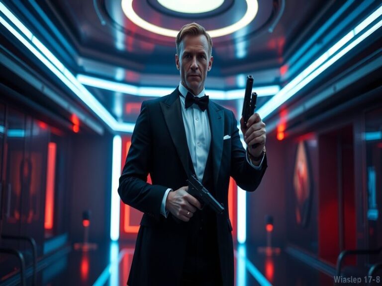 A cinematic image of a tuxedo-clad figure standing in a dramatic urban setting, with a city skyline in the background and a s