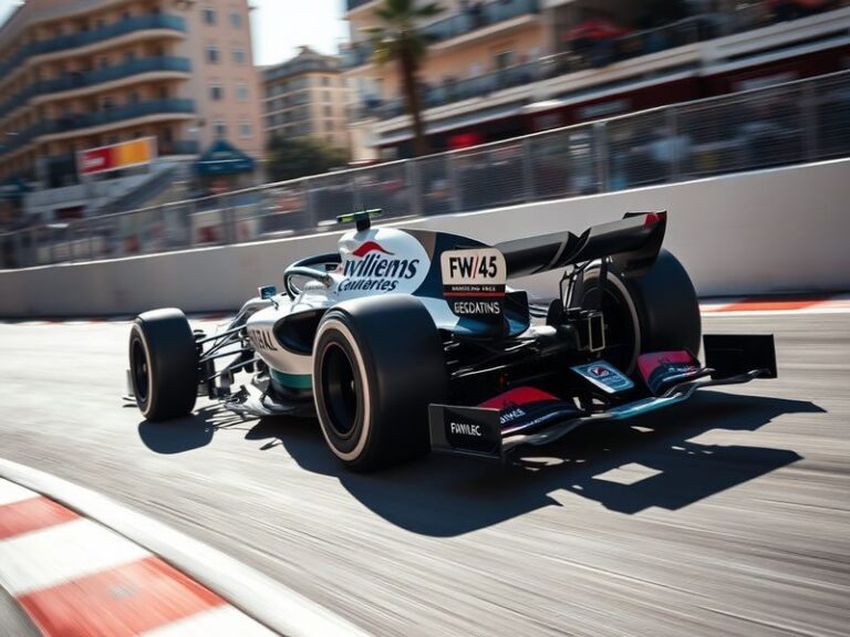 A dynamic shot of a Williams F1 car mid-corner at a historic circuit like Silverstone, with the iconic blue and white livery